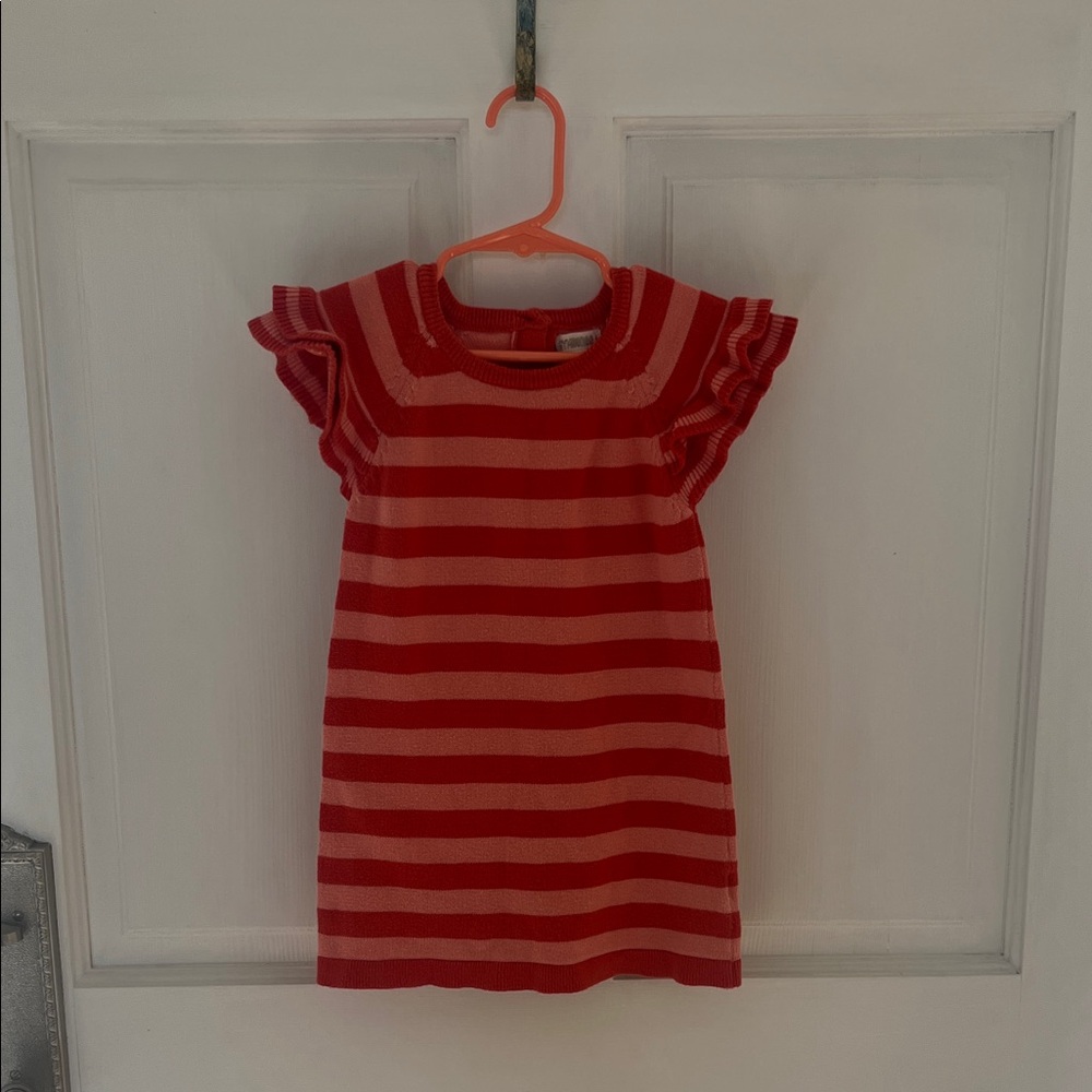 Red and Pink Striped Dress with Ruffle Sleeves